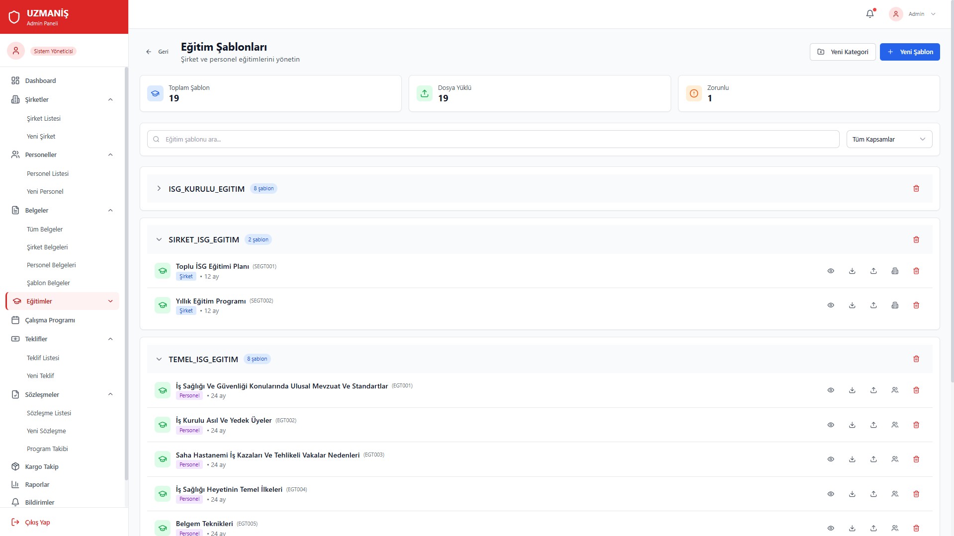 Eğitim Şablonları - Şablon sistemi