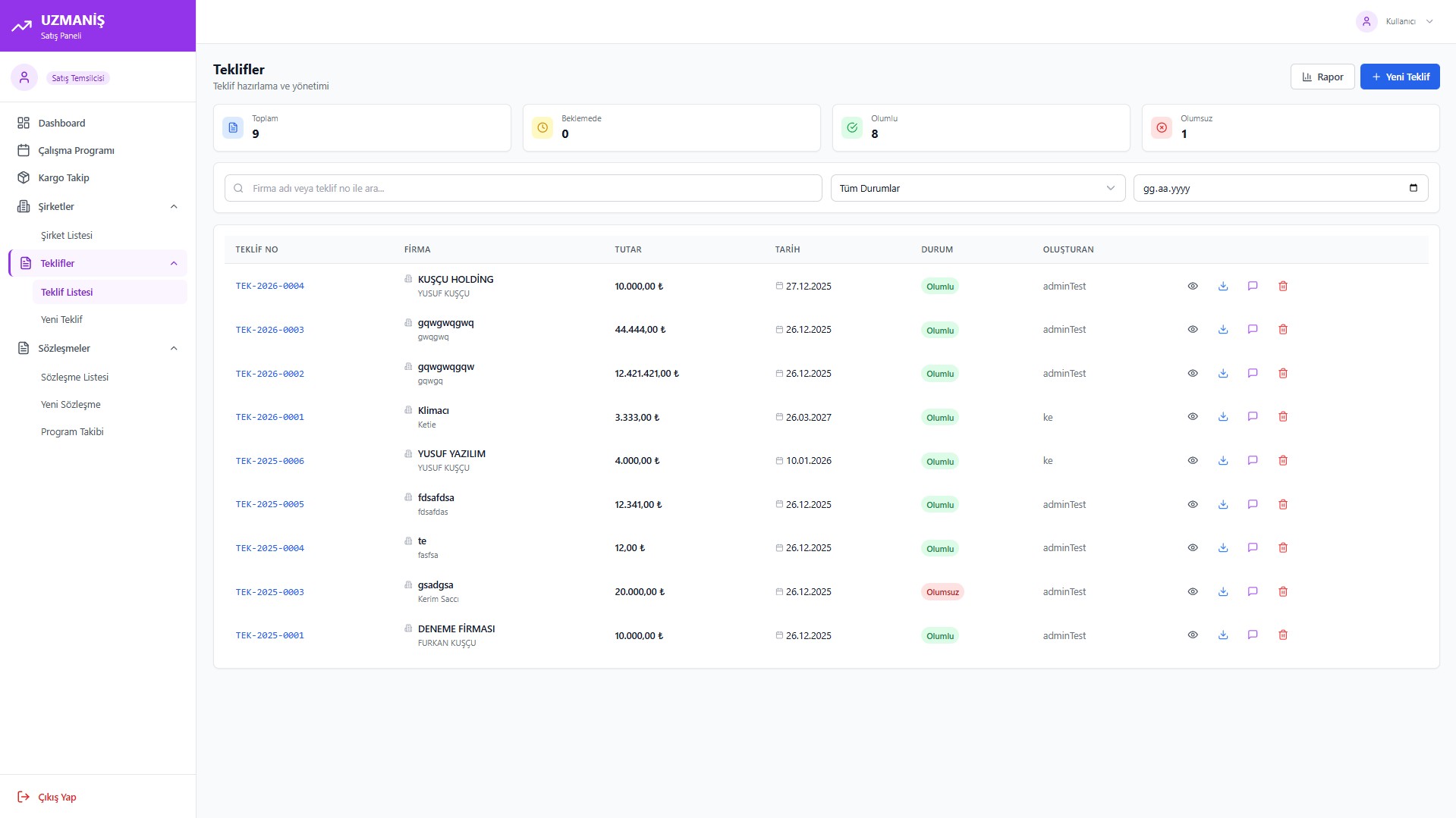 Satış Paneli - Teklif yönetimi