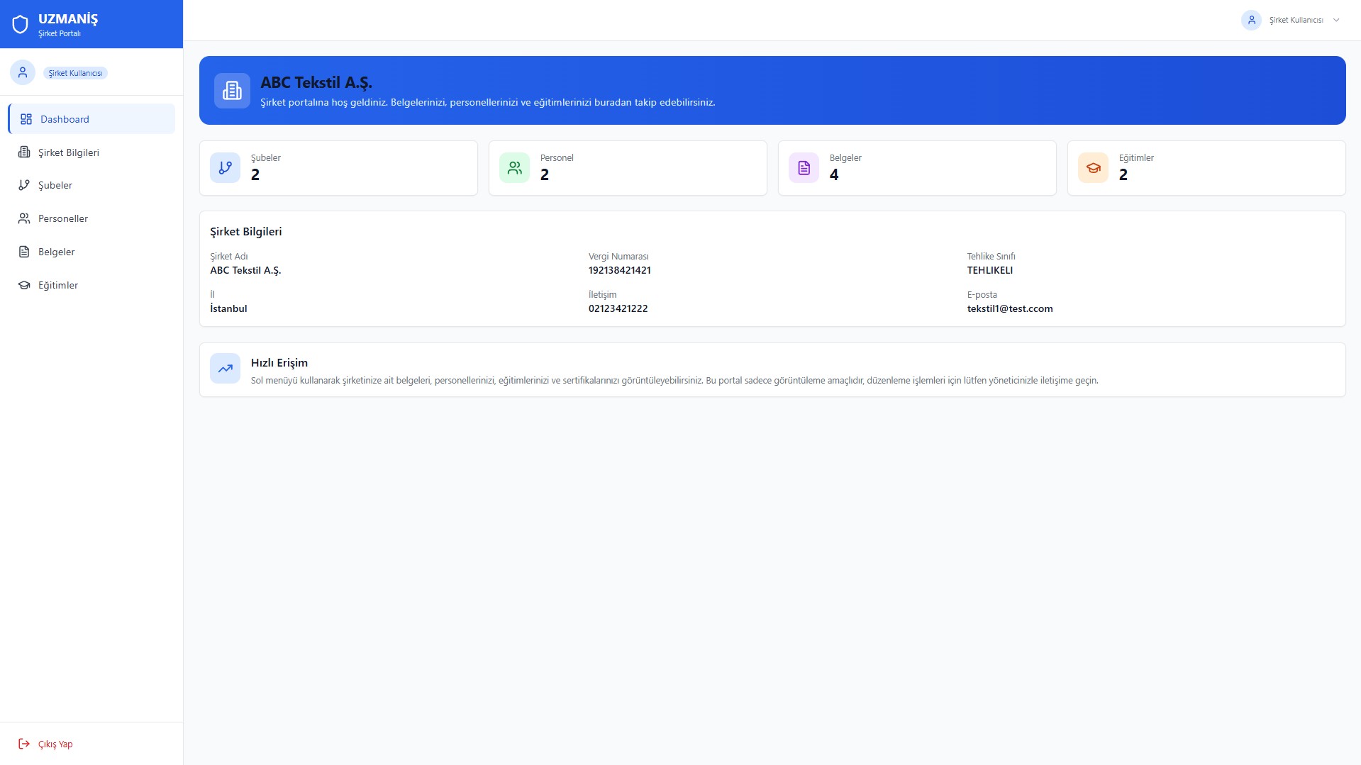 Şirket Portalı - Müşteri görünümü